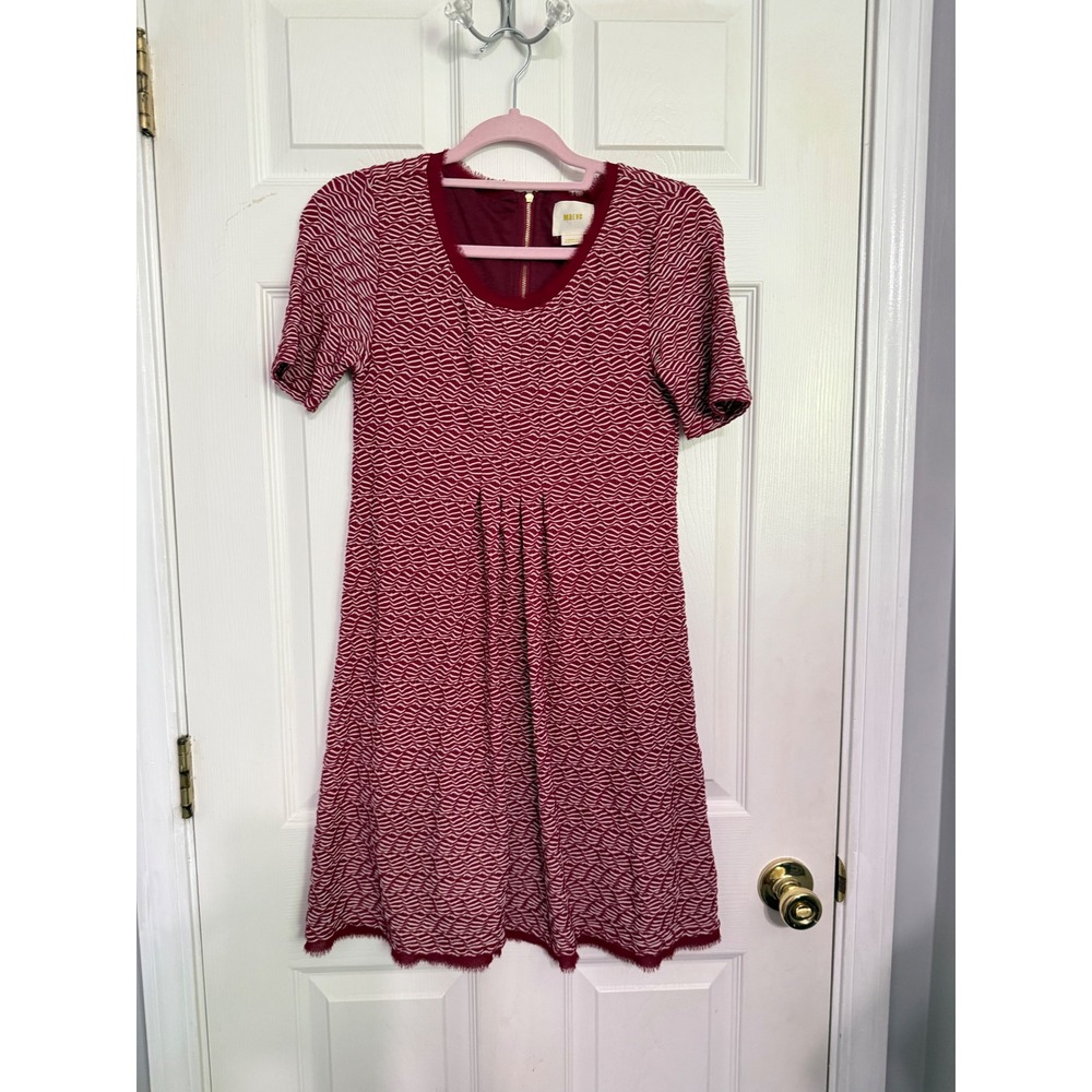 Maeve Anthropologie Maroon White Textured Wavy Shift Dress Retro XS